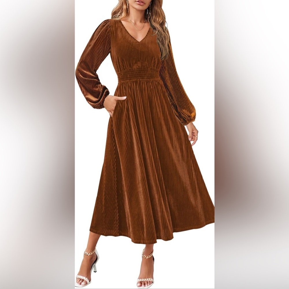 Women’s Classy Long Sleeve Velvet Maxi Dress in Brick Brown Size Large